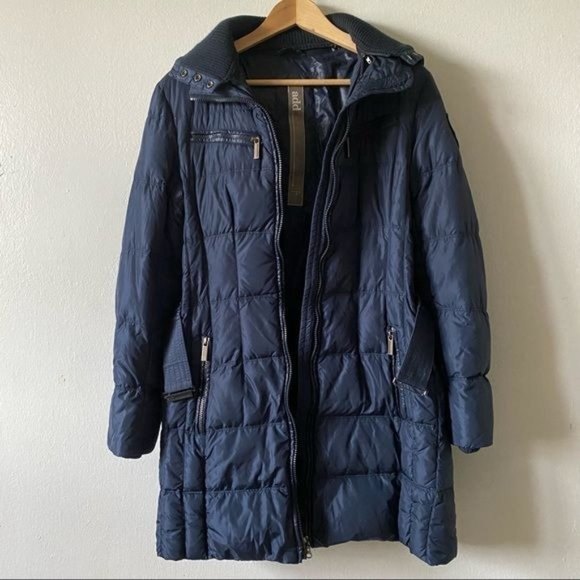 ADD DOWN Size 4 Navy Blue Puffer Belted Coat Detachable Snap Button Hood - Picture 6 of 16
